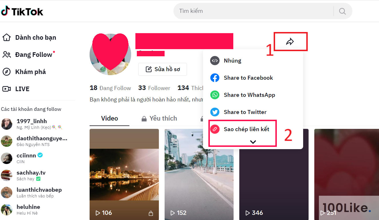 Cách sao chép liên kết Tiktok tăng Follow trên máy tính