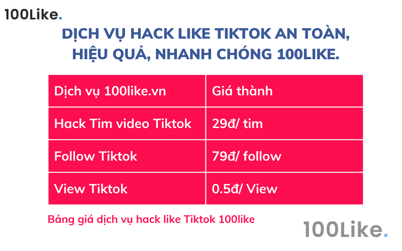 Dịch vụ Hack Like Tiktok an toàn, hiệu quả, nhanh chóng 100Like.