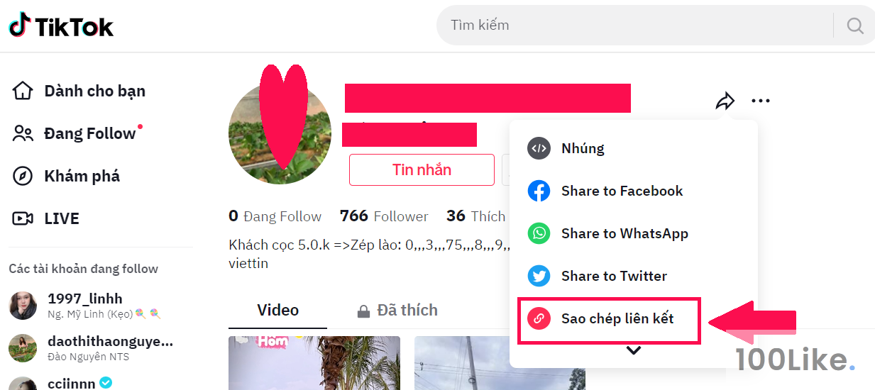 Sao chép liên kết Tiktok tăng Follow giúp người khác bằng máy tính