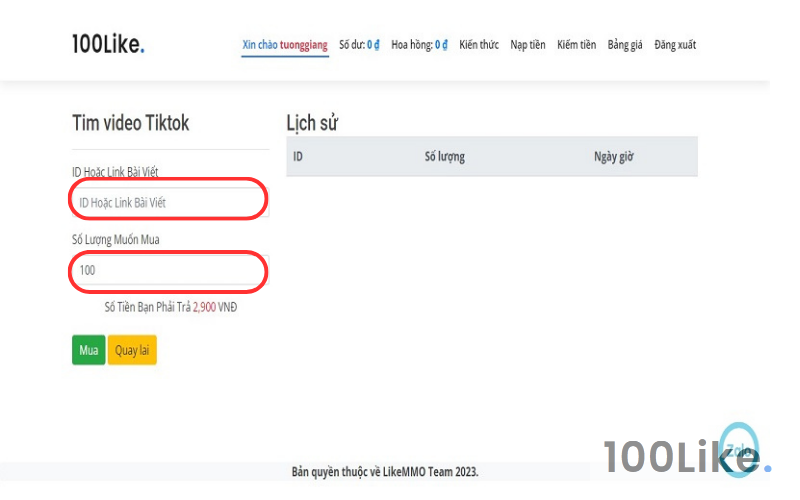 Bước 3: Truy cập TikTok của bạn và copy link rồi paste vào mục ID/ Link và nhấn mua.