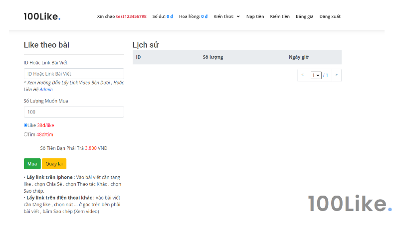 Dịch vụ giá rẻ của 100Like