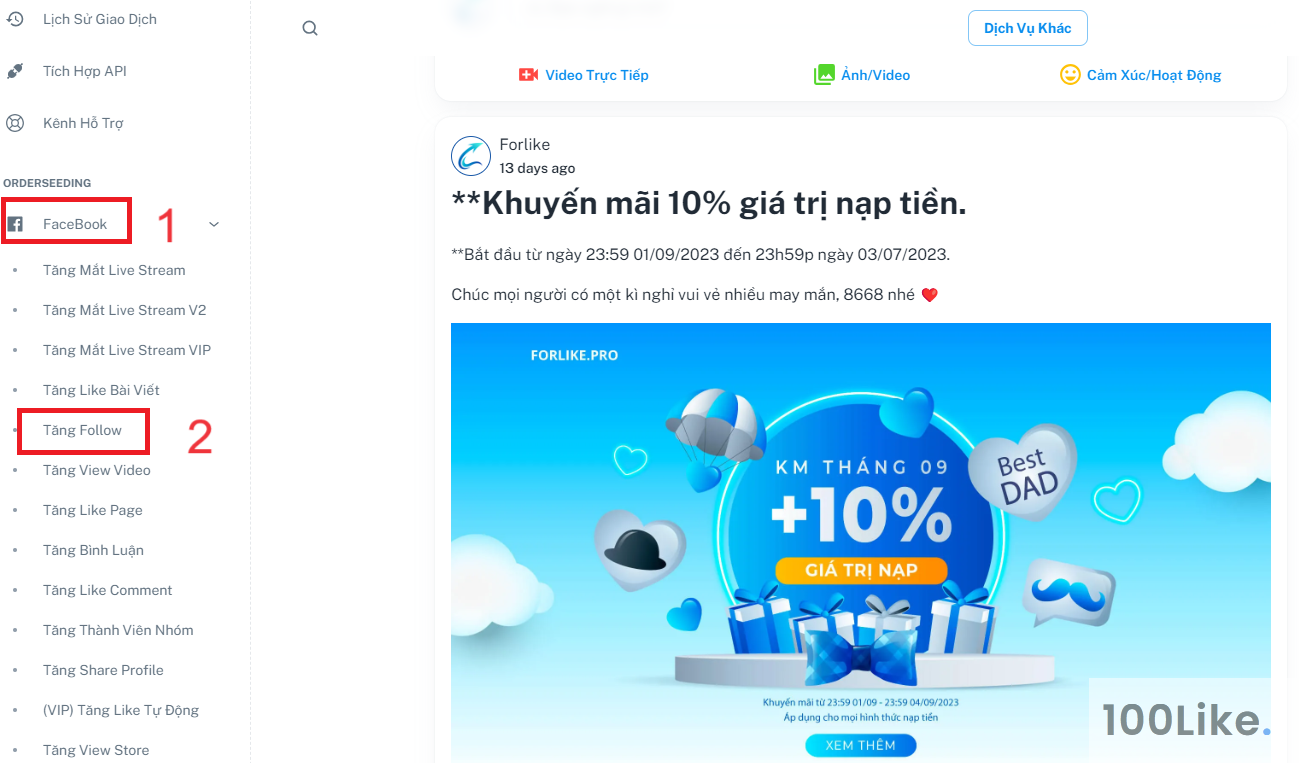 Dịch vụ tăng Follow Facebook của Forlike