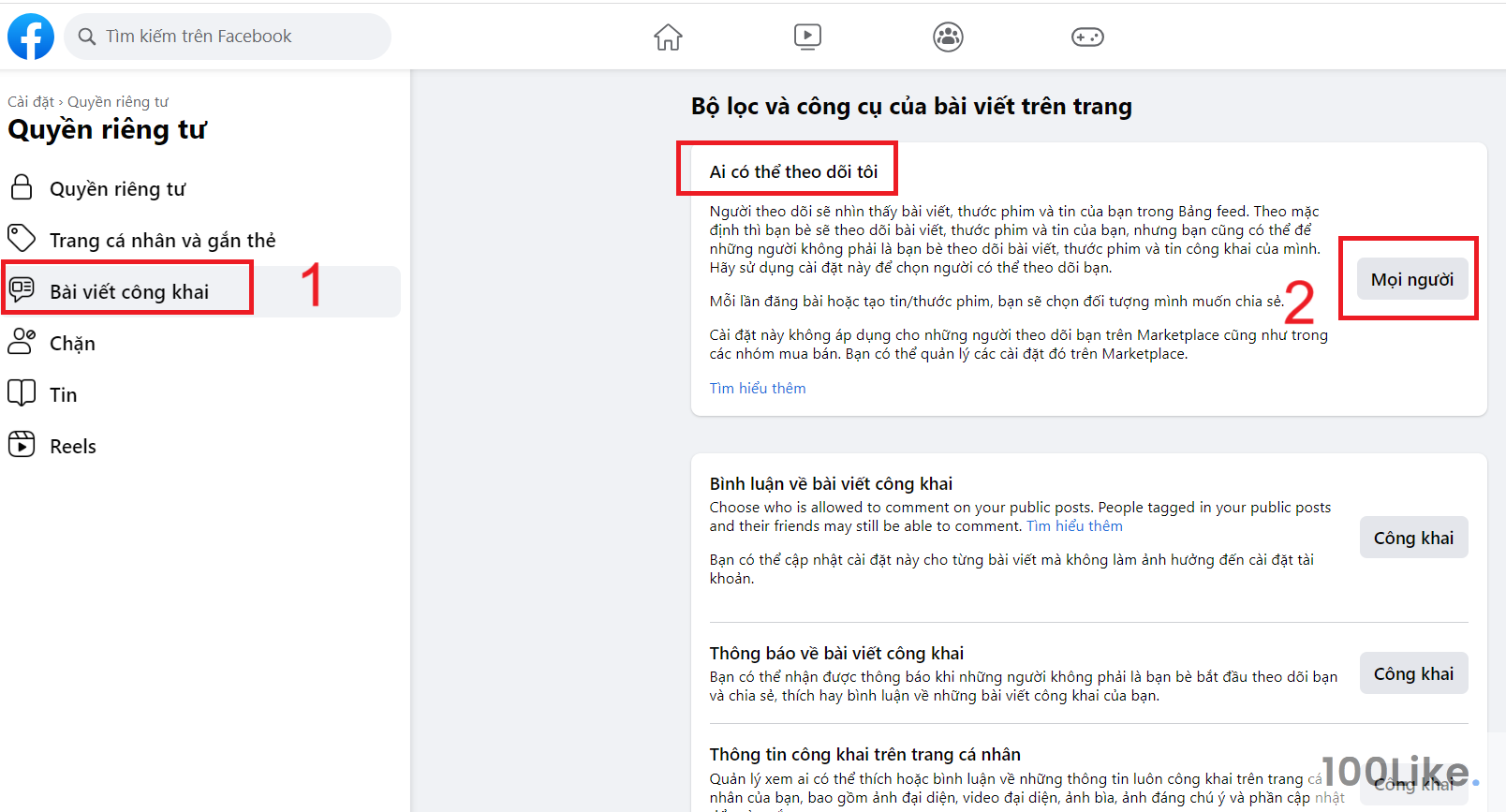 Bật cho phép theo dõi tài khoản Facebook bằng máy tính