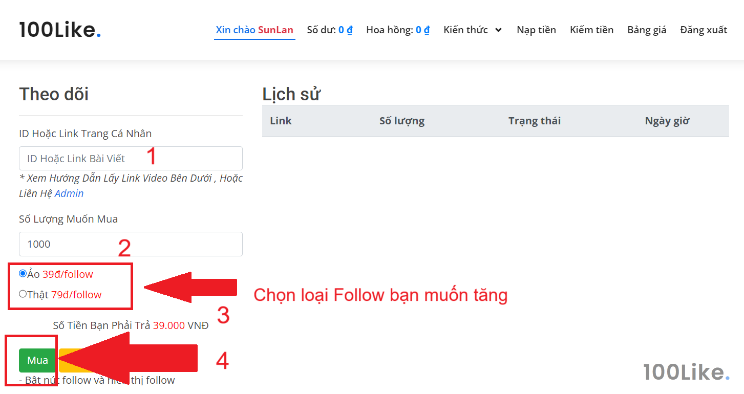 Sử dụng dịch vụ Buff Follow Facebook của 100Like