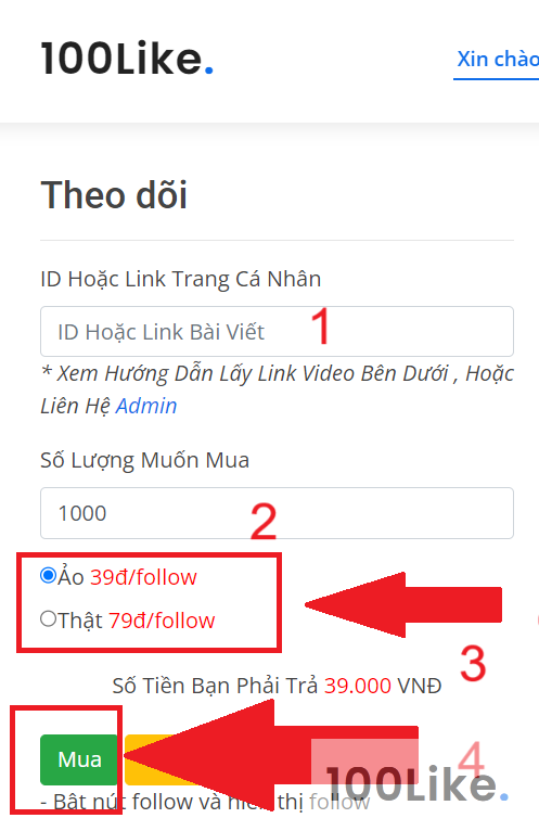 Dịch vụ tăng Follow Facebook của 100Like