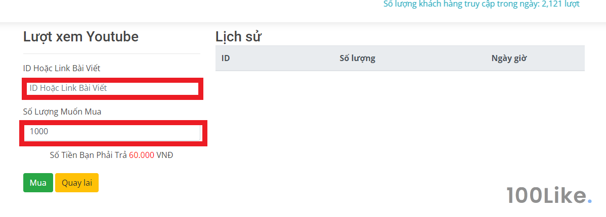 Hack View Youtube tại 100Like.vn bước 4
