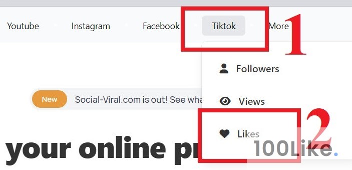 Bước 2: Muốn tăng Tim Tiktok bạn chọn “Tiktok” => “Likes”
