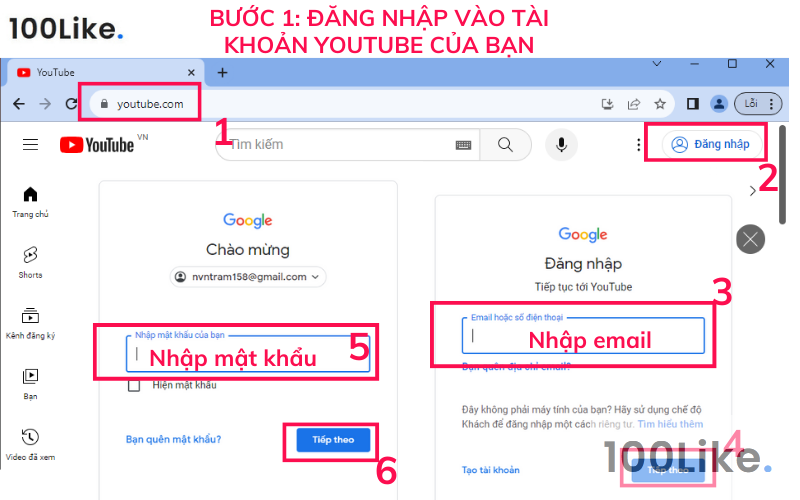 Bước 1: Đăng nhập vào Tài khoản YouTube của bạn